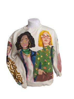 ZARA Graphic Art Sweatshirt Oversized S Illustrated Faces Streetwear